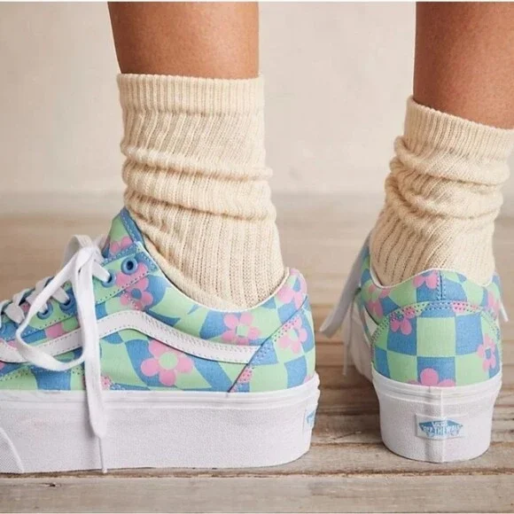 Vans | Old Skool Stacked Checkered Floral Blue Platform Shoes, Womens 9 - Picture 3 of 11